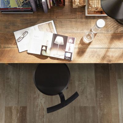 wood look tile flooring in a rustic office